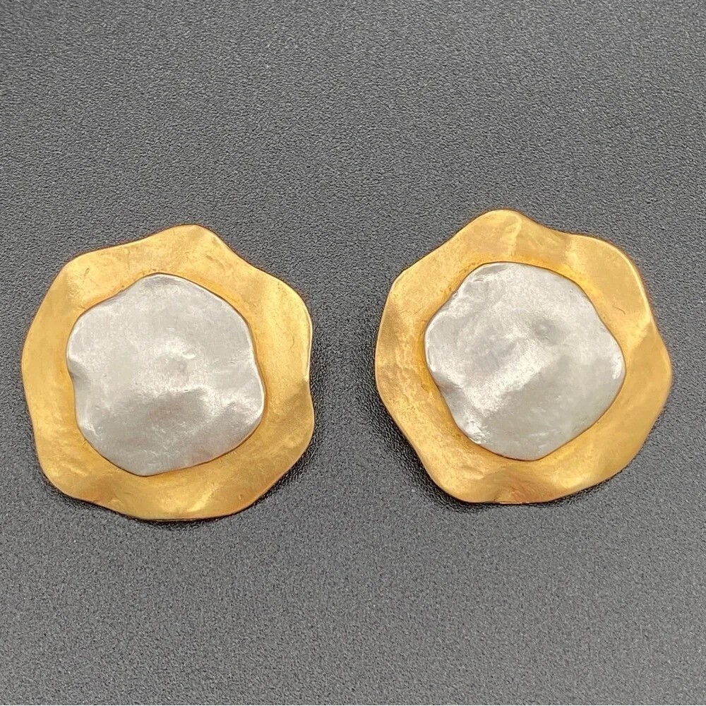 Vintage Modernist Glam Two Tone Textured Metal Earrings Clip On Earrings